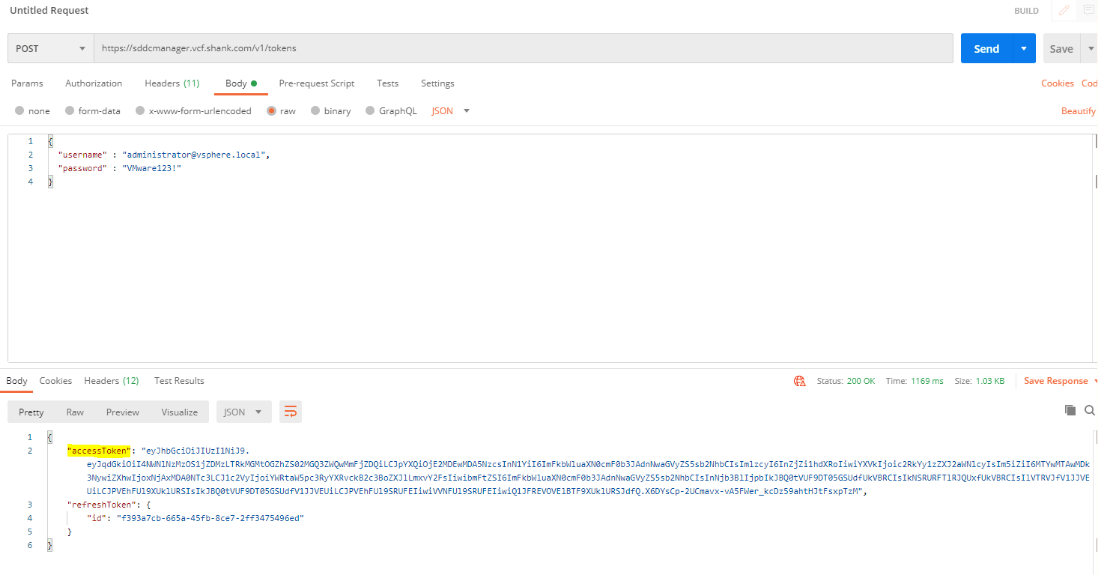 postman vcf 4 sddc manager api returns bearer token for use