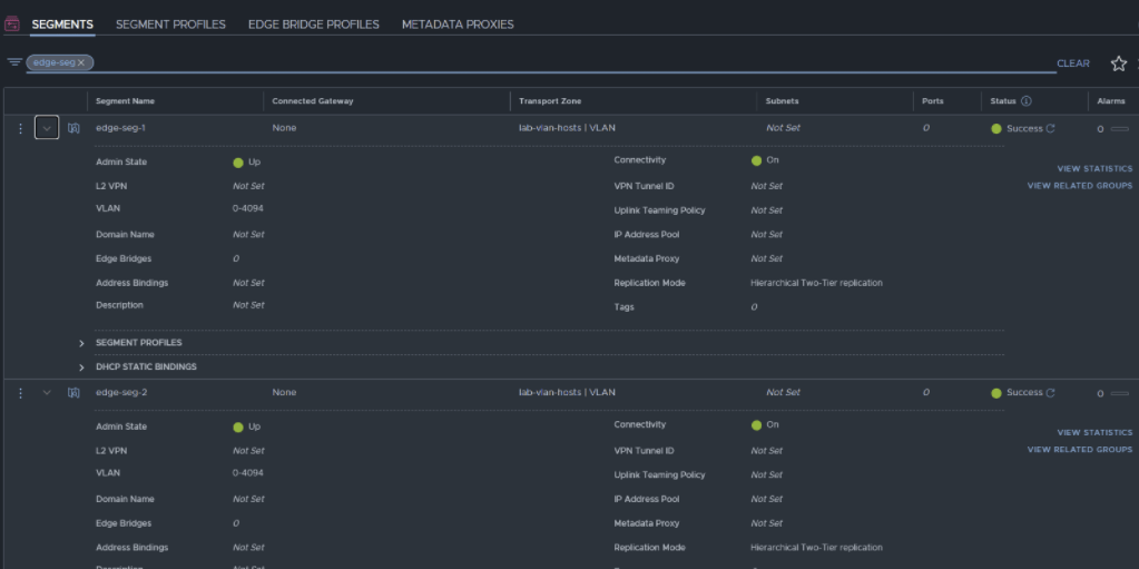 nsx-t manager ui showing vlan-backed segments created for edge uplinks for inter tep