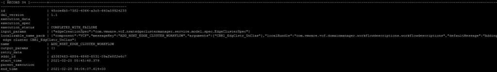 sddc manager failed  task record in database