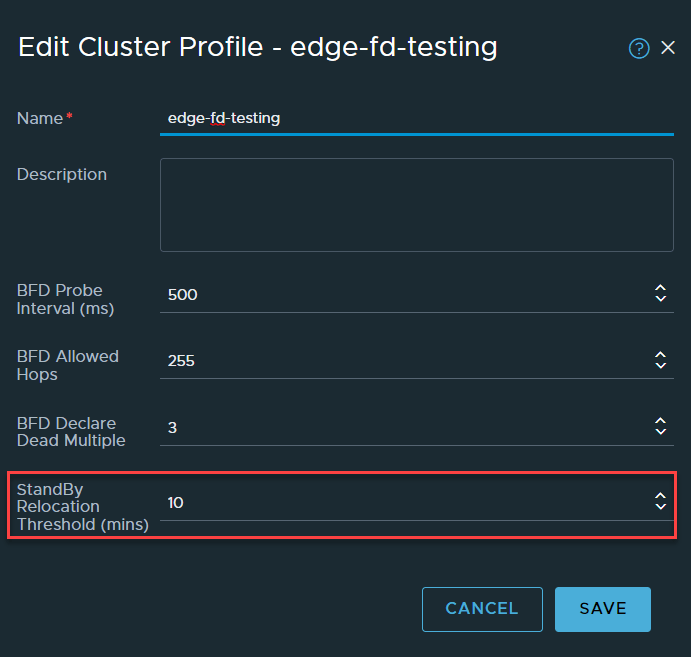 VMware NSX edge cluster profile standby relocation timer