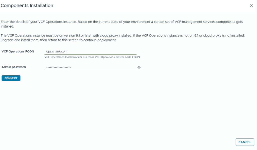VCF Operations Components Installation wizard connecting to VCF Operations FQDN to deploy management services