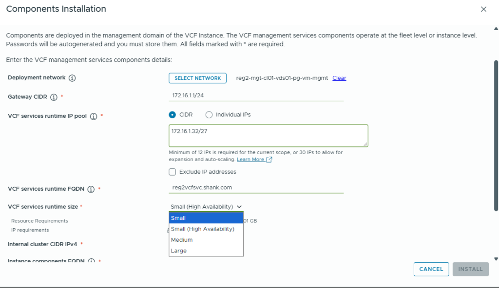 VCF services runtime size dropdown showing Small and Small (High Availability) options in VCF 9.1 wizard