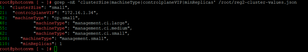 VMSP Helm cluster values showing clusterSize small and cp.small machine type